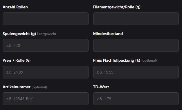 Neues Filament anlegen - Mengen &amp; Gewicht