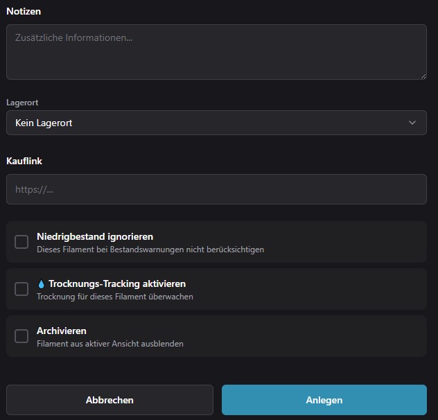 Neues Filament anlegen - Weitere Optionen